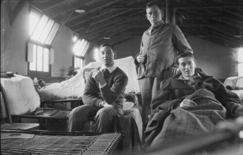 Three of the hut boys, possibly taken in a WW1 New Zealand army camp on Salisbury Plain, United Kingdom [picture] / Rex Nan Kivell