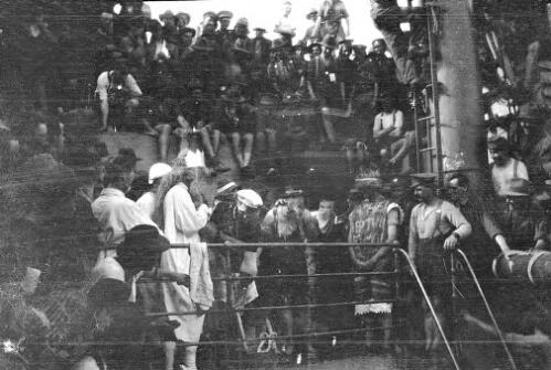 Crossing the line, probably crossing the Equator ceremony on WW1 New Zealand troopship on route to Europe [picture] / Rex Nan Kivell