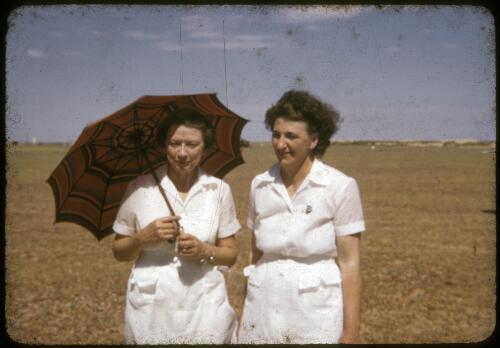 Sisters Vera Roden and Lyn McKay, wife of Reverend Les McKay, Australian Inland Mission Hospital, Birdsville, Queensland, 1956 [picture] / Les McKay