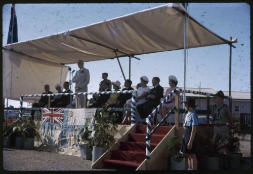 Sir Henry Abel Smith, governor of Queensland, addressing guests at the opening of the Royal Flying Doctor Service base at Mt. Isa, Queensland, 1965 [transparency] / Les McKay