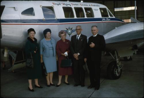 Launching Royal Flying Doctor Service, Queen Air. Brisbane, Lyn McKay second from left, ca. 1967 [transparency] / Les McKay