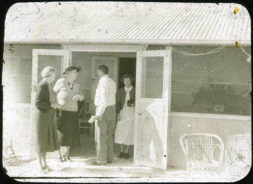 Reverend Fred McKay welcoming guests at the opening of the new Australian Inland Mission Hospital, Birdsville, Queensland, 1953 [transparency] / Les McKay