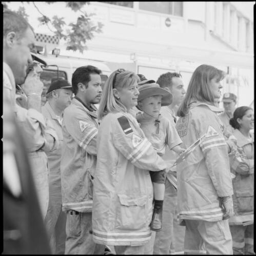 [A.C.T. Bushfire Service personnel at the firefighters' civic reception, Garema Place, Canberra, 19 February 2002] [picture] / Loui Seselja