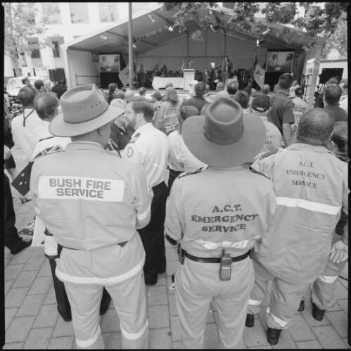 [A.C.T. Emergency Service and Bushfire Service personnel at the firefighters' civic reception, Garema Place, Canberra, 19 February 2002] [picture] / Loui Seselja