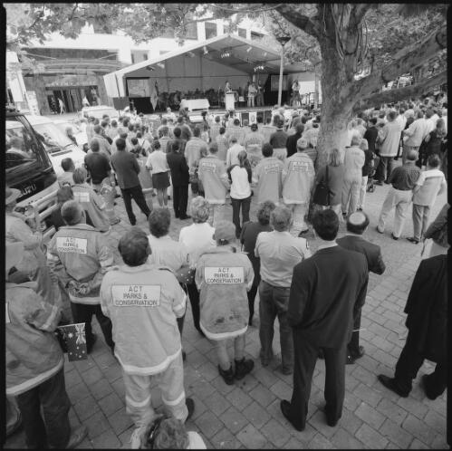 [ACT Parks and Conservation Service personnel in the crowd at the firefighters' civic reception, Garema Place, Canberra, 19 February 2002] [picture] / Loui Seselja