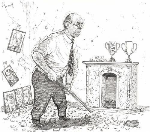 [John Howard sweeping up broken china with an election master broom, 1997] [picture] / O'Neill