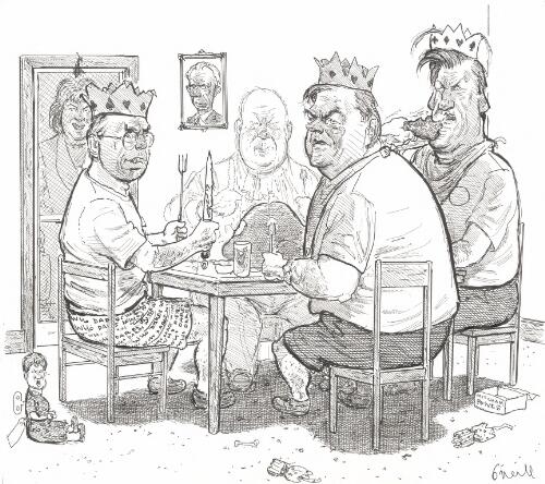[John Howard, Mal Colston, Kim Beazley and Jeff Kennett sharing a turkey dinner, with Cheryl Kernot at the door, Pauline Hanson as a wind-up doll and a portrait of Brian Harradine on the wall, 1997] [picture] / O'Neill