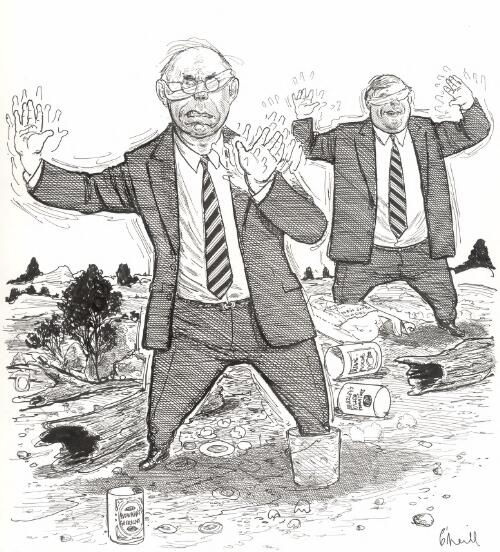 [John Howard and Kim Beazley walking along blindfolded in New South Wales prior to the October 1998 federal election] [picture] / O'Neill