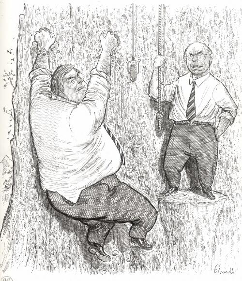 [Kim Beazley sliding down a cliff face while John Howard looks on from the safety of a tiny platform protruding from the rock, 1998] [picture] / O'Neill
