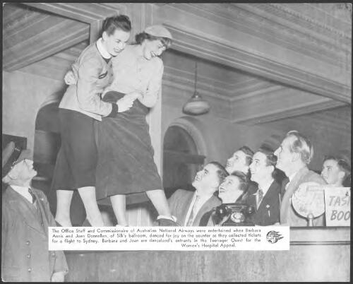 The office staff and commissionaire of Australian National Airways were entertained when Barbara Annis and Joan Donnellan, of Silk's ballroom, danced for joy on the counter as they collected tickets for a flight to Sydney ; Barbara and Joan are danceland's entrants in the Teenager Quest for the Women's Hospital Appeal [picture]