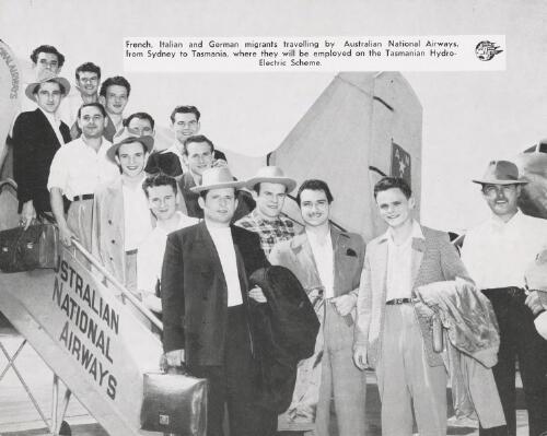 French, Italian and German migrants travelling by Australian National Airways, from Sydney to Tasmania, where they will be employed on the Tasmanian hydro-electric scheme [picture]
