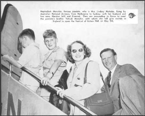 Hephzibah Menuhin, famous pianist, who is Mrs. Lindsay Nicholas, flying by Australian National Airways, from Melbourne to Sydney, with her husband and two sons, Marston (left) and Kronrod ; they are proceeding to Rome to meet the pianist's brother Yehudin Menuhin, with whom she will give recitals in England to open the Festival of Britain Hall, on May 5th [picture]