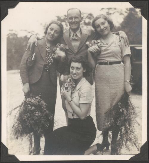 [Dr Ewan Murray-Will (centre back) with Nina Youchkevitch (centre front), Irina Bondireva (left) and Vanda Grossen (right), Monte Carlo Russian Ballet, between 1936-1937] [picture]