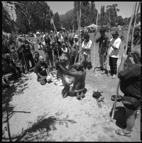 [Aboriginal people holding a ceremony for 30th Anniversary of the Aboriginal Tent Embassy, Canberra, 26 January 2002, 1] [picture] / Loui Seselja