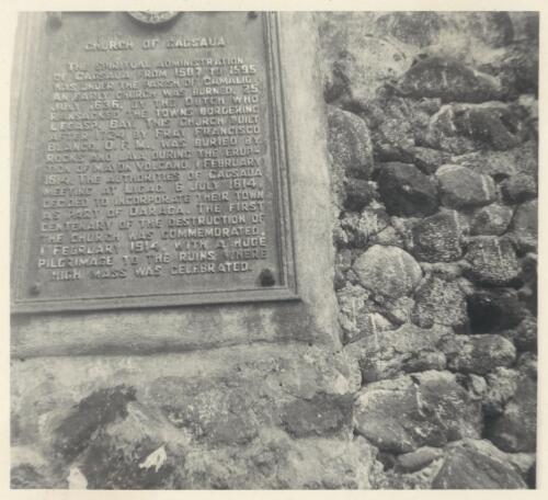 Plaque on church steeple, Cagsawa ruins, Philippines, [1967] [picture] / Albert Speer
