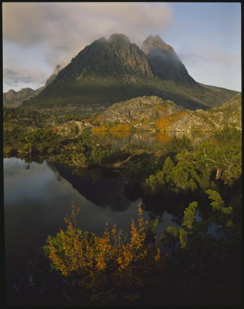 Cradle Mountain from Twisted Tarn, Cradle Mountain-Lake Saint Clair National Park, Tasmania, 1986? [transparency] / Peter Dombrovskis