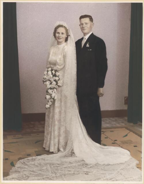 Wedding portrait of Frances Gill (née Mensforth) and John ('Jack') Gill, Swan Hill, Victoria, 20 January 1951 [picture] / M. Zaetta, Swan Hill