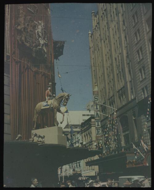 Royal tour decorations, statue of Queen Elizabeth II on horseback, Sydney, 1954 [transparency] / Allan Hughes