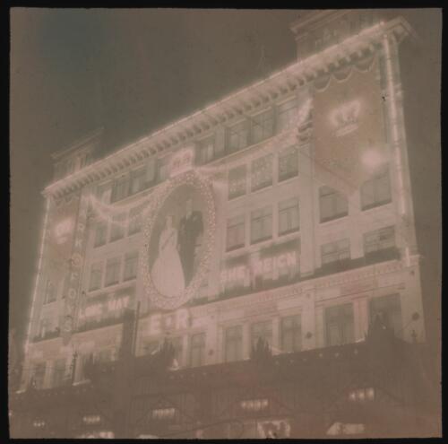 Royal tour lighting and a three storey portrait of Queen Elizabeth II and Prince Phillip on the Mark Foys department store, Sydney, 1954, 2 [transparency] / Allan Hughes