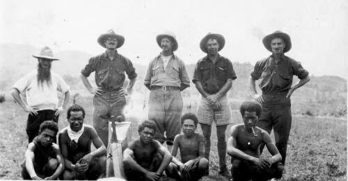 Christmas cricket team, Mogei Mission, Mount Hagen, 1934-1935, back row, Father Ross, Fox, Brother Eugene, Dan Leahy, Fox, and front row, Alexishafen natives [picture] / [A.J. Bearup]