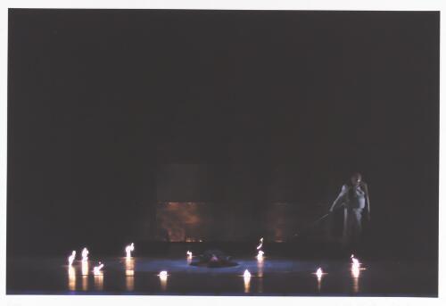 Wotan (John Brocheler) lighting ring of fire (Lisa Gasteen as Brünnhilde, lying on floor) [picture] / Michael Scott-Mitchell