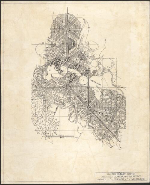 [Plan of the city of Canberra showing a land axis and a water axis, 1] [cartographic material] / Walter Burley Griffin, architect, landscape architect, Sydney, Chicago, Melbourne
