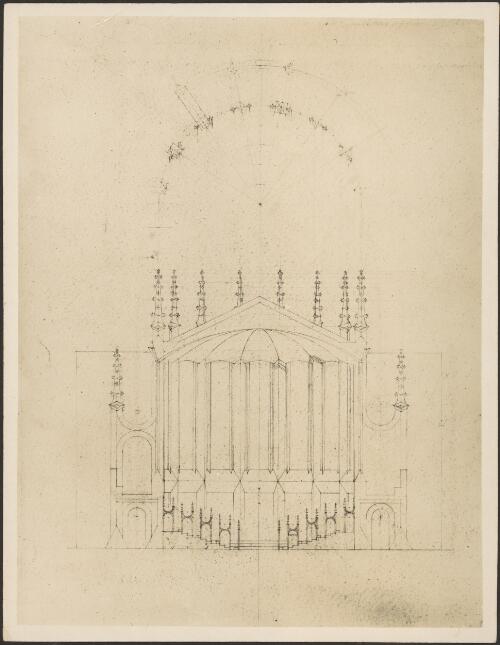 Preliminary cross section through the Sanctuary and choir stalls, Chapel at Newman College, University of Melbourne, Parkville, Victoria [picture] / [Walter Burley Griffin]
