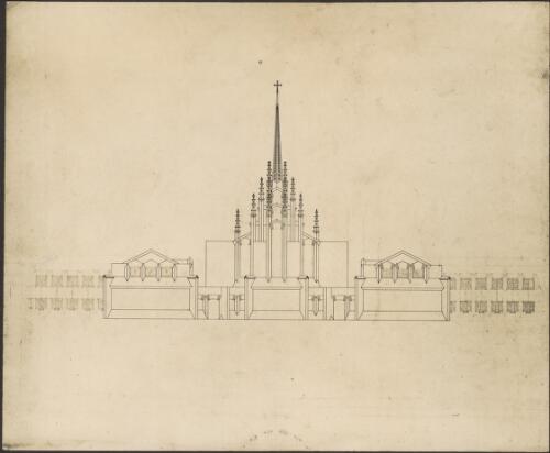 [Photographic reproduction of east elevation design of Newman College Chapel, University of Melbourne, Victoria, 1] [picture] / [Walter Burley Griffin]