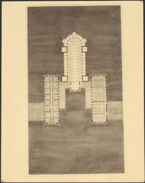 Clerestory and reflected ceiling plan and upper floor plans of adjoining college wings, Newman College Chapel, University of Melbourne, Victoria, ca. 1915, [1] [picture] / [Walter Burley Griffin and Eric Milton Nicholls]