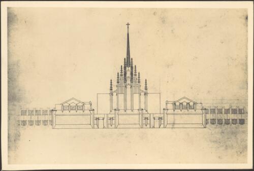 Preliminary east elevation between college wings, Newman College Chapel, University of Melbourne, Victoria, 2] [picture] / [Walter Burley Griffin]