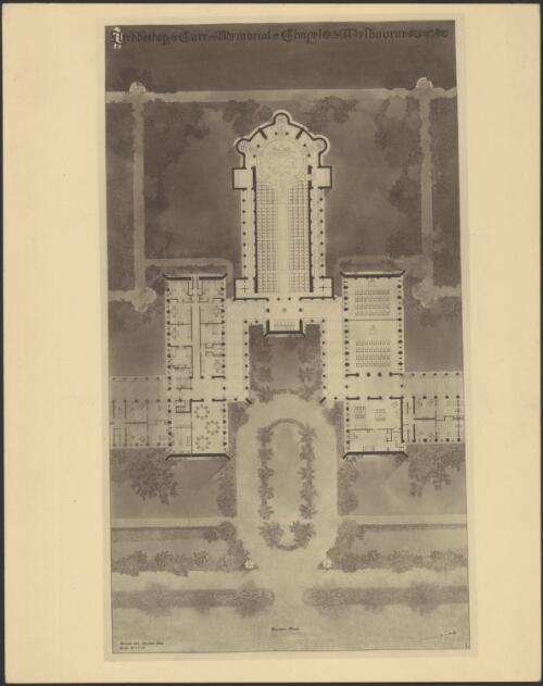 Archbishop Carr Memorial Chapel ground and garden plans and adjacent college wings, Newman College, University of Melbourne, Victoria, ca. 1915, 1 [picture] / [Walter Burley Griffin]