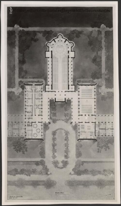Archbishop Carr Memorial Chapel ground and garden plans and adjacent college wings, Newman College, University of Melbourne, Victoria, ca. 1915, 3 [picture] / [Walter Burley Griffin]