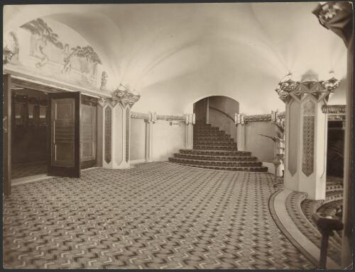 Interior view of ceiling, mural, stairs and carpeted area, Capitol Theatre, Swanston Street, Melbourne, Victoria, 1924, [1] [picture] / [Walter Burley Griffin]