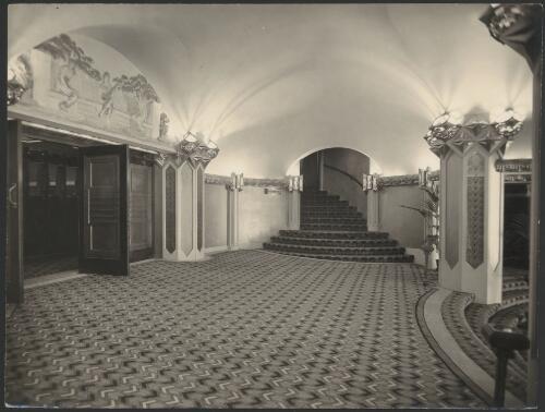 Interior view of ceiling, mural, stairs and carpeted area, Capitol Theatre, Swanston Street, Melbourne, Victoria, 1924, [2] [picture] / [Walter Burley Griffin]