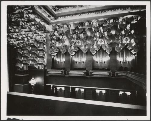 Interior view of ceiling, inside main theatre, Capitol Theatre, Swanston Street, Melbourne, Victoria, 1924, [3] [picture] / [Walter Burley Griffin]