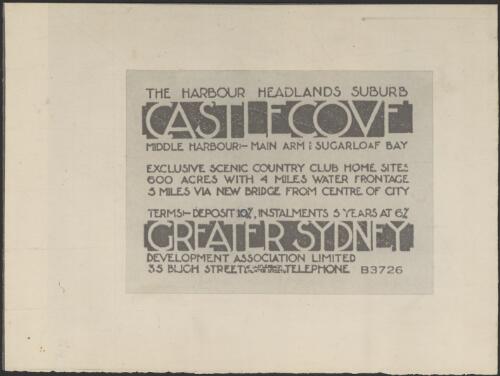 Promotional flyer for The Harbour Headlands Suburb Castlecove Middle Harbour main arm and Sugarloaf Bay, [1] [picture] / Greater Sydney Development Association Limited
