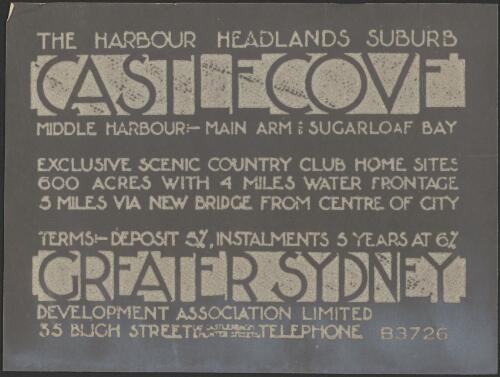 Promotional flyer for The Harbour Headlands Suburb Castlecove Middle Harbour main arm and Sugarloaf Bay, [2] [picture] / Greater Sydney Development Association Limited