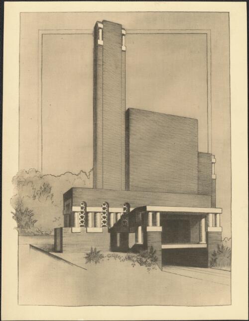 Perspective view of incinerator, Thebarton, South Australia, ca. 1937, [1] [picture] / Walter Burley Griffin and Eric Milton Nicholls