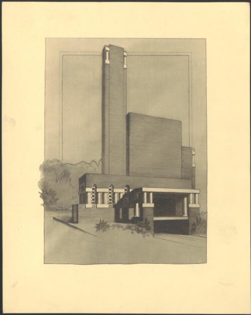 Perspective view of incinerator, Thebarton, South Australia, [2] [picture] / Walter Burley Griffin and Eric Milton Nicholls