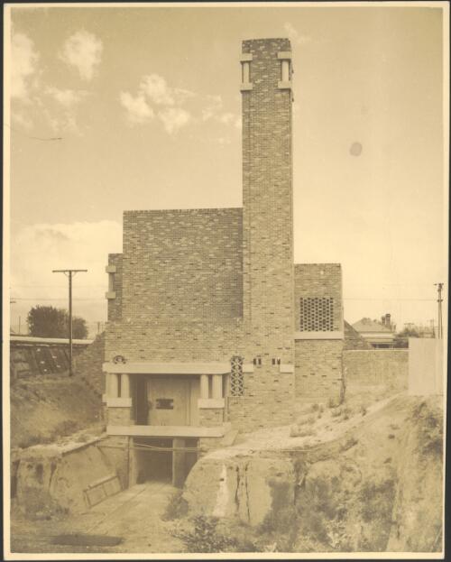 Exterior view of completed incinerator, Thebarton, South Australia [picture] / [Walter Burley Griffin and Eric Milton Nicholls]
