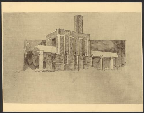 Side perspective view of unidentified municipal incinerator [picture] / Walter Burley Griffin and Eric Milton Nicholls
