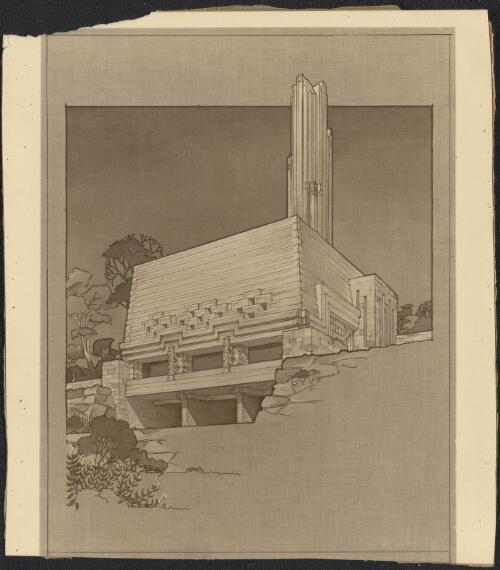 Oblique perspective view of unidentified municipal incinerator, [5] [picture] / Walter Burley Griffin and Eric Milton Nicholls