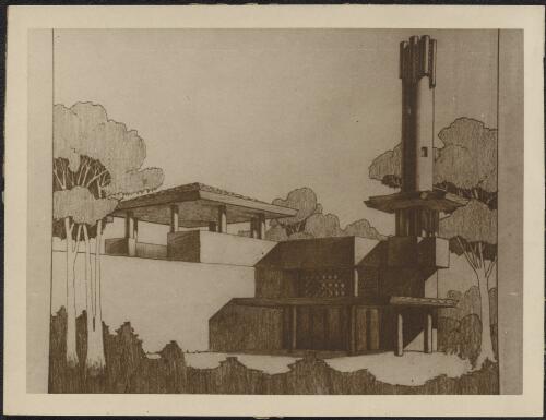 Oblique perspective view of unidentified municipal incinerator, [6] [picture] / [Walter Burley Griffin and Eric Milton Nicholls]