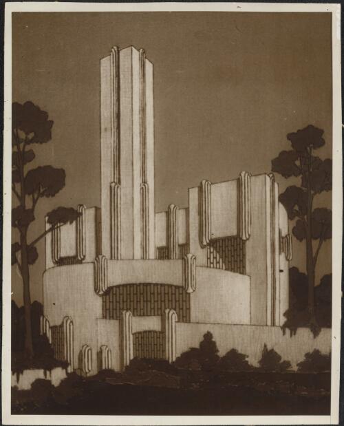 Oblique perspective view of unidentified municipal incinerator, [11] [picture] / Walter Burley Griffin and Eric Milton Nicholls