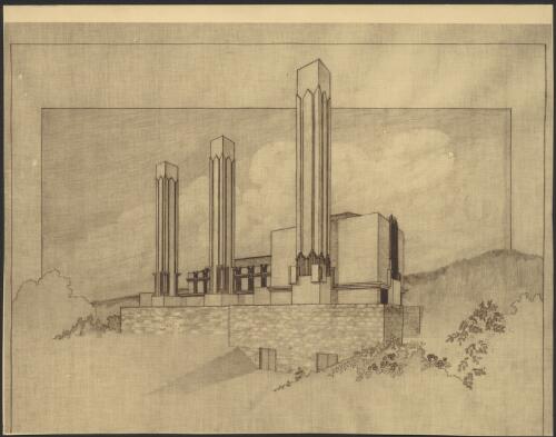 Exterior front view of unidentified municipal incinerator with three chimneys [picture] / [Walter Burley Griffin and Eric Milton Nicholls]