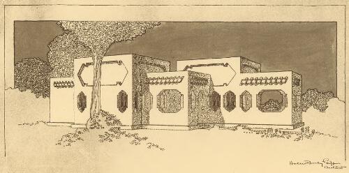 [Perspective view of house for Narain Singh, Benares, India, 1936] [picture] / Walter Burley Griffin, Architect