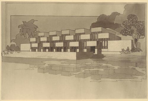 Perspective of library and museum for the Raja of Mahmudabad, 1937, [1] [picture] / [designed by Walter Burley Griffin; drawn by Marion Mahony Griffin]