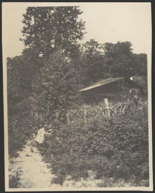 Exterior view of girl in garden with unidentified cottage in background [picture]