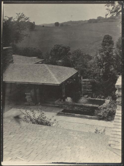Looking from roof of studio towards entrance and surrounding hill, Taliesin, Spring Green, [Wisconsin] [picture]