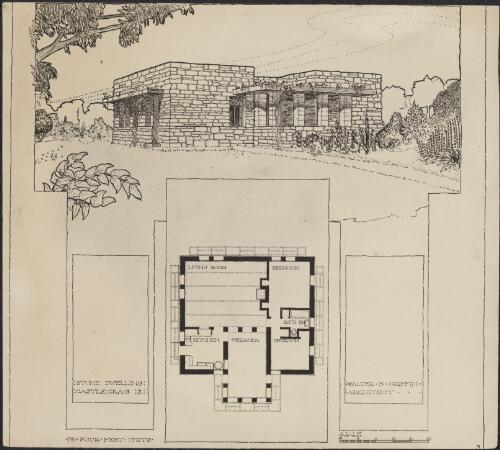 Plans and perspective of stone dwelling Castlecrag: 3 [picture] / Walter Burley Griffin